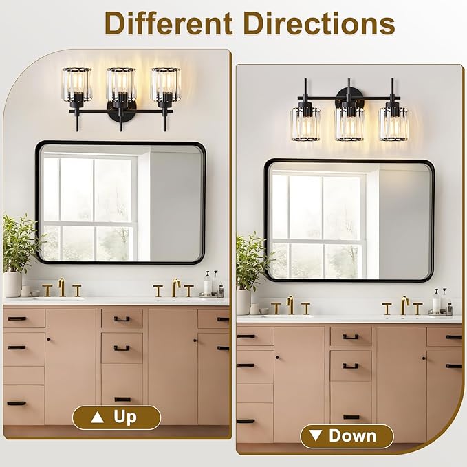 EJIAXIN 3 Light Crystal Vanity Light, Bathroom Lighting Fixtures Over Mirror Black Crystal Wall Light Bath Wall Lighting Modern Bath Wall Sconce Lighting for Bedroom Living Room
