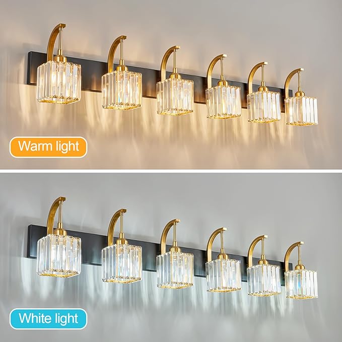 FDPBY Crystal Vanity Lights 6-Light Black Gold Bathroom Vanity Lights Modern Crystal Bathroom Light Fixtures Over Mirror 51.18" Long Vanity Light for Bathroom