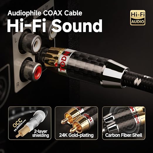 TODN Audiophile Digital Coaxial Audio Cable RCA to RCA Male Subwoofer Cable 75-Ohm SPDIF Coax with OCC-Core Dual Shielded for HiFi Systems (3ft /1m)
