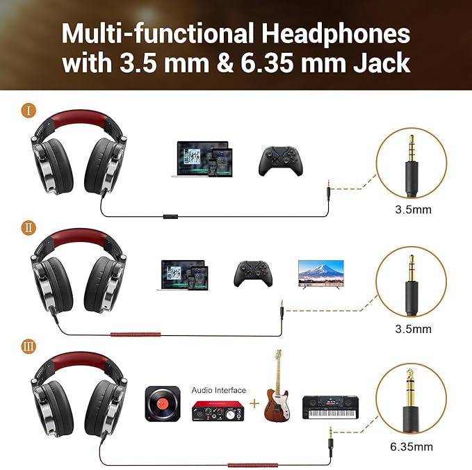 OneOdio Wired Over Ear Headphones Studio Monitor & Mixing DJ Stereo Headsets with 50mm Neodymium Drivers and 1/4 to 3.5mm Jack for AMP Computer Recording Podcast Keyboard Guitar Laptop - Red