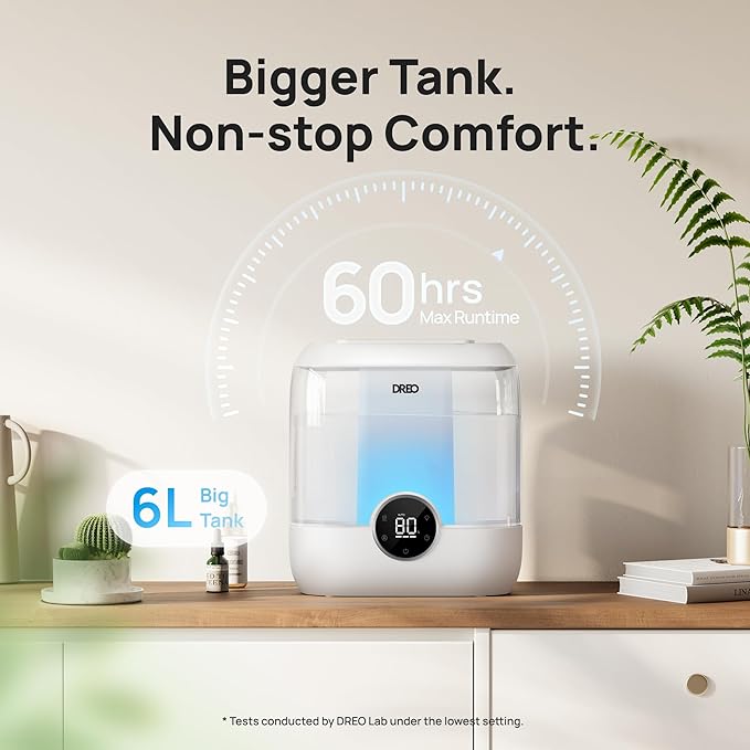 DREO 6L Top Fill Humidifiers for Bedroom, 60H Runtime 28 dB Quiet Supersized Cool Mist Air Humidifiers for Large Room, Baby Nursery, Plant, Indoor, Night Light, Easy to Clean, Precise Humidity Control