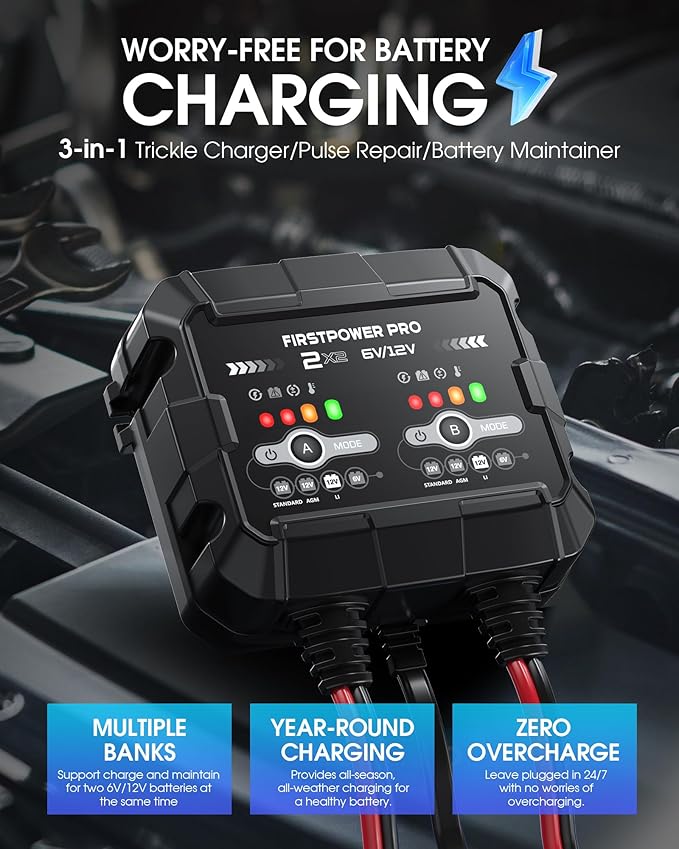 2-Bank, 4A (2A/Bank) Trickle Charger for Car Battery, 12V 6V Car Battery Charger, Automotive Battery Trickle Charger, Maintainer, for Motorcycle Lawn Mower AGM, Lithium Batteries-1PC