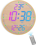 GLOKUUCA 12" Large Digital Wall Mount Clock, Count Down Timer, Alarm, Big LED, 12 RGB Color, Temperature for Living Room Classroom Desk (Bamboo Elements)