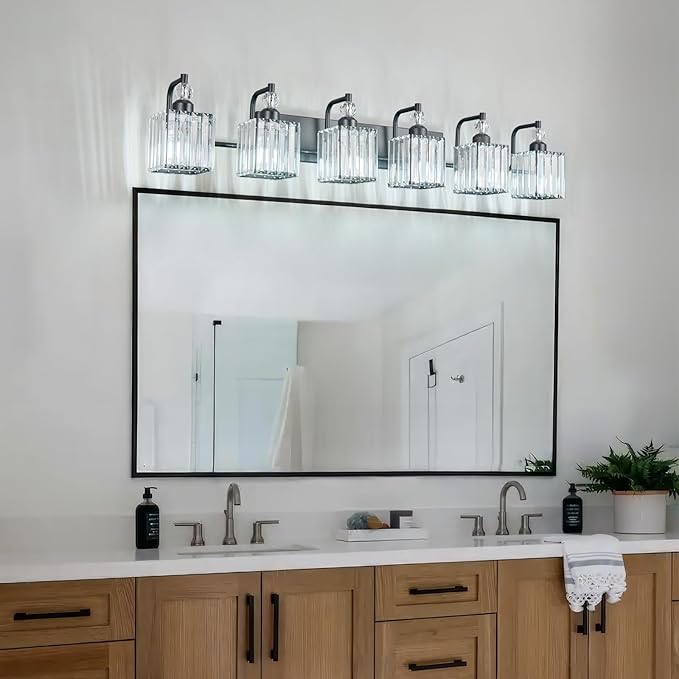 BBLLWJ 6 Light Bathroom Vanity Light Modern Black Vanity Light Fixtures Bathroom Light Fixtures Over Mirror Crystal Vanity Lighting Fixtures