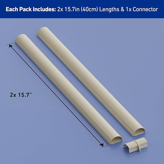 D-Line 31.4in TV Cord Hider, Patented Half Round Cable Cover, Hide Wall Mount TV Wires, Hinged One-Piece Cable Concealer, Adhesive, Decorative Raceway - 2X 1.18in W x 0.59in H x 15.7in L - Beige
