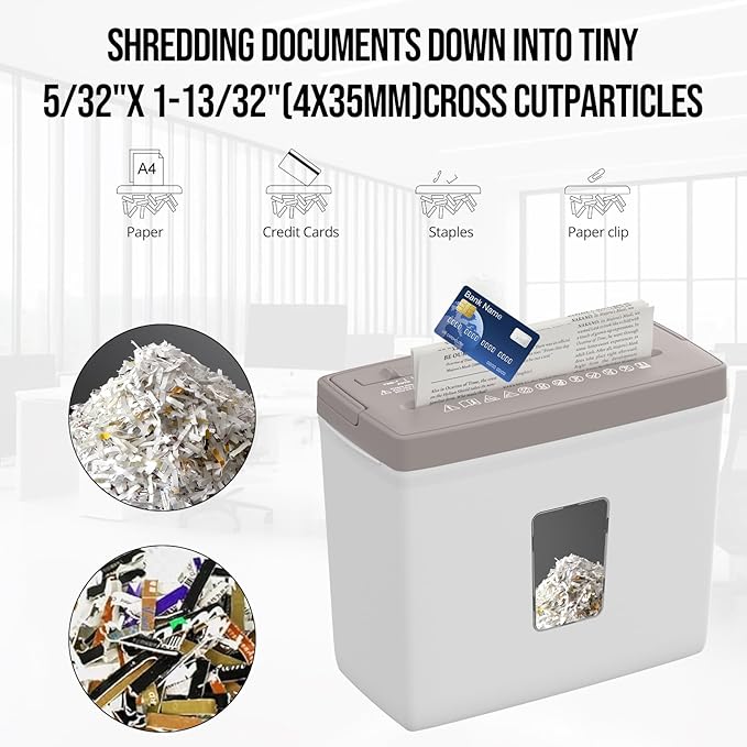 Suntiko 5-Sheet Cross Cut Paper Shredder for Home Office, P-4 High Security Level Document Shredder with 2.38 Gallon Bin, Jam Proof Design & Thermal Protection for Professional Use, Brown + White