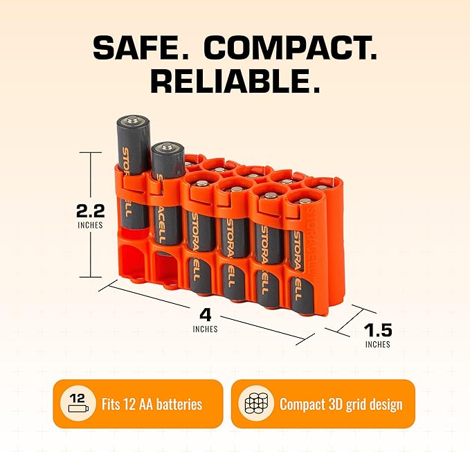 AA Battery Storage Caddy by Storacell, Orange, Holds 12 Batteries (Not included)