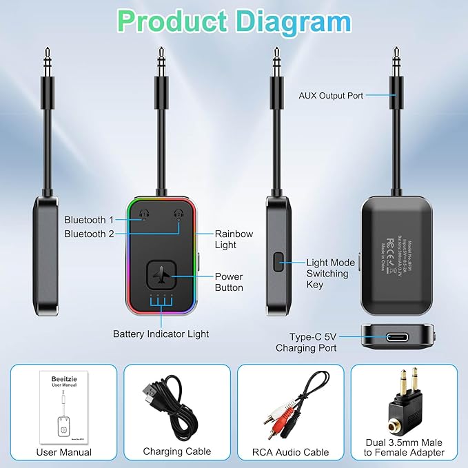 2025 Beeitzie Ultra Airplane Bluetooth 5.4 Transmitter for All Headphones, aptX LL, Supports 2 Headphones/AirPods, Wireless Audio Adapter for in-Flight, TV, Gym, Tablets，Metal Frame