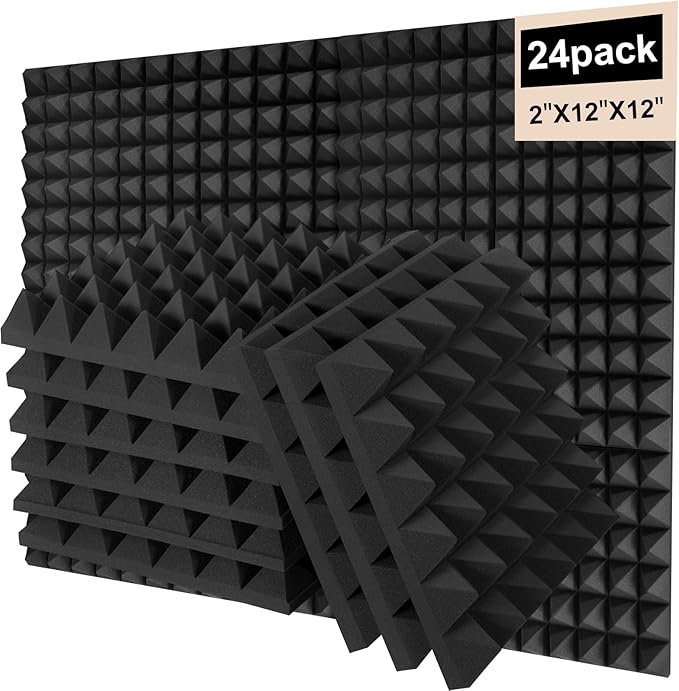 Saiqiang 24 Pack Sound Proof Foam Panels for Walls, 2"X 12" X 12" Pyramid Designed Acoustic Foam Panels Sound Absorbing, Noise Cancelling Dampening Wall Panels for Studio Recording & Office & Home