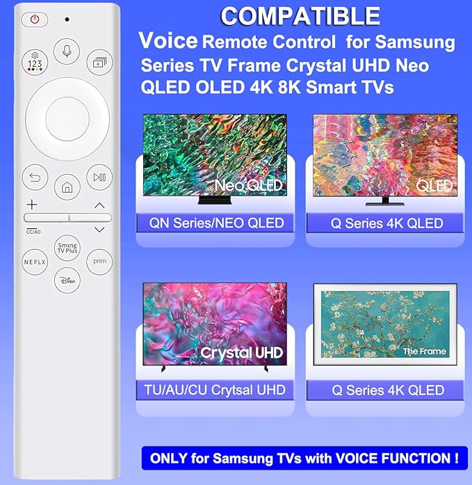 Replacement Voice Remote Control for All Samsung TVs, Universal Remote for All Samsung TV Curved Frame UHD QLED LED 4K 8K Smart TVs, 4 Shortcut Buttons, White