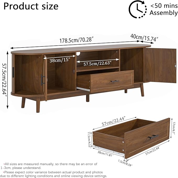 Mxtxmy 70" Fluted TV Stand for Tvs up to 80", Mid-Century Modern Entertainment Center with Drawers and Fluted Doors, Curved TV Media Console Table with Sliding Doors for Living Room, Bedroom (70")