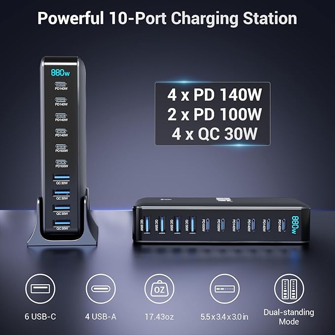 Zeroffi 880W USB C Charger Block, 10-Port USB Fast Charging Station Hub, Desktop Charging Station for Multiple Devices for MacBook Pro/Air, DELL, iPad, iPhone, Samsung Galaxy