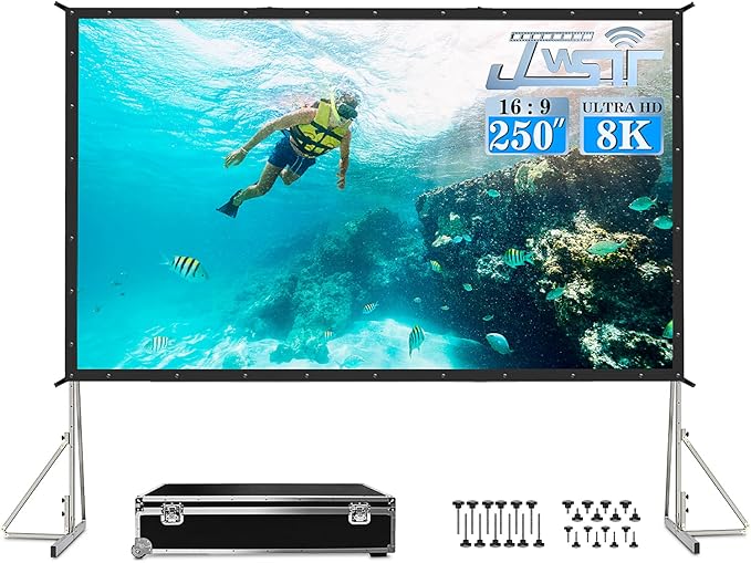 JWSIT 250 inch Projector Screen with Stand, Upgraded 3 Layers PVC 16:9 Large Outdoor Projector Screen, Portable Outdoor Movie Screen with Carrying Bag for Large Commercial Performance