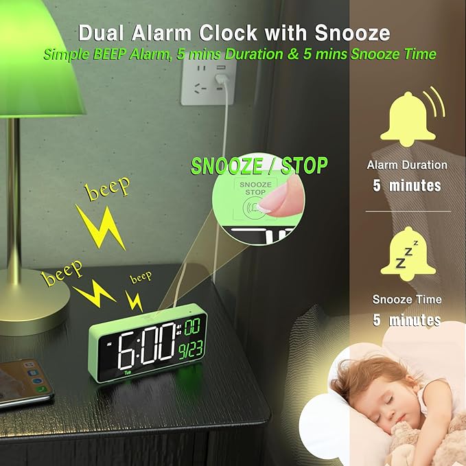 KOSUMOSU Digital Clock for Bedroom, 6.7in Desk Clock, Auto Dimming, Room Temperature, Day of The Week, Date, Seconds, Clocks for Living Room, Alarm Clocks for Bedrooms