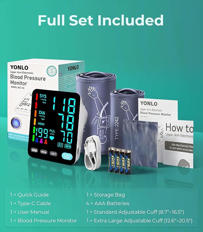 YONLO Blood Pressure Monitor, Automatic Upper Arm Blood Pressure Monitors for Home Use, 2 Blood Pressure Machine Cuff(9-17in & 13-21in) with Large LED Backlit Display, 3x199 Reading Memory Users White