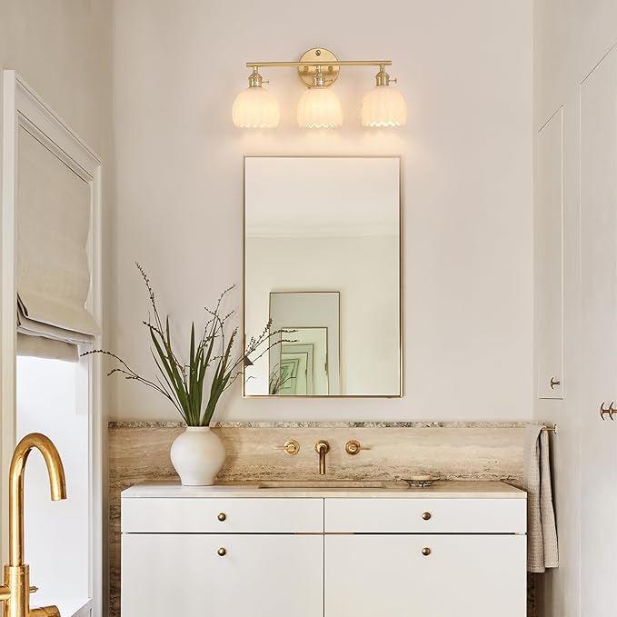 Shenmoyl Bathroom Light Fixtures, 3-Light Brass Vanity Wall Light Over Mirror with White Tulip Glass Shade for Bedroom Living Room (Bulb Not Included)