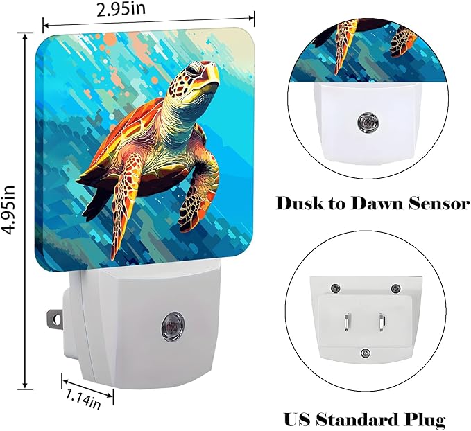 FSHVQKD Watercolor Wild Turtle Night Light,Plug Into Wall for Boys Girls Bedroom Decorative Square Night Light Lamp 0.5w Sleep Friendly