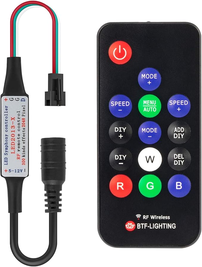BTF-LIGHTING WS2811 WS2812B 1903 DC5/12V 14keys Wireless RF RGB LED Controller 300 Kinds of Changes Digital Color LED Pixel Strip modules Input=Ouput Voltage Perfect for DIY Project Black