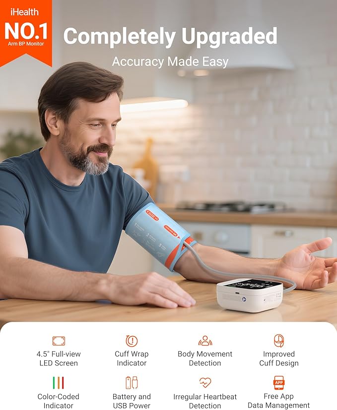 iHealth Track Pro Upper Arm Blood Pressure Monitor, Full-View LED Screen, Body & Cuff Detection, App-Enabled for iOS & Android, Adjustable Cuff Large Adults Arm Friendly