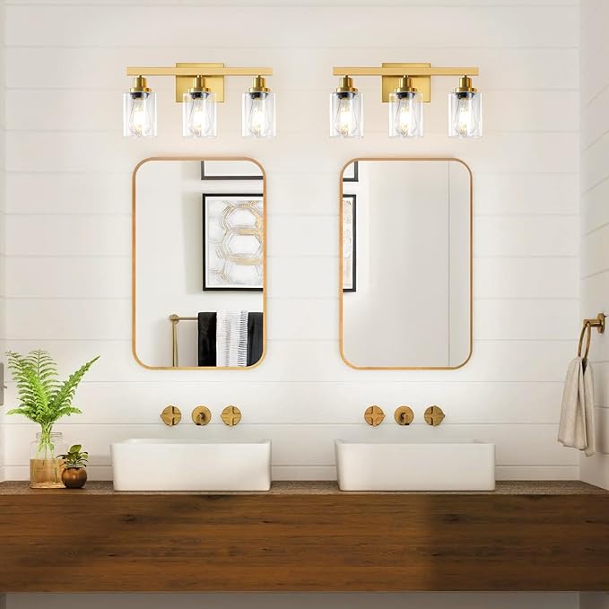 DIKAIDA 3 Light Gold Bathroom Light Fixtures, Bathroom Vanity Light Over Mirror, Gold Wall Sconce Vanity Lighting with Clear Glass Shade,Modern Farmhouse Bath Wall Lamp for Mirror Kitchen