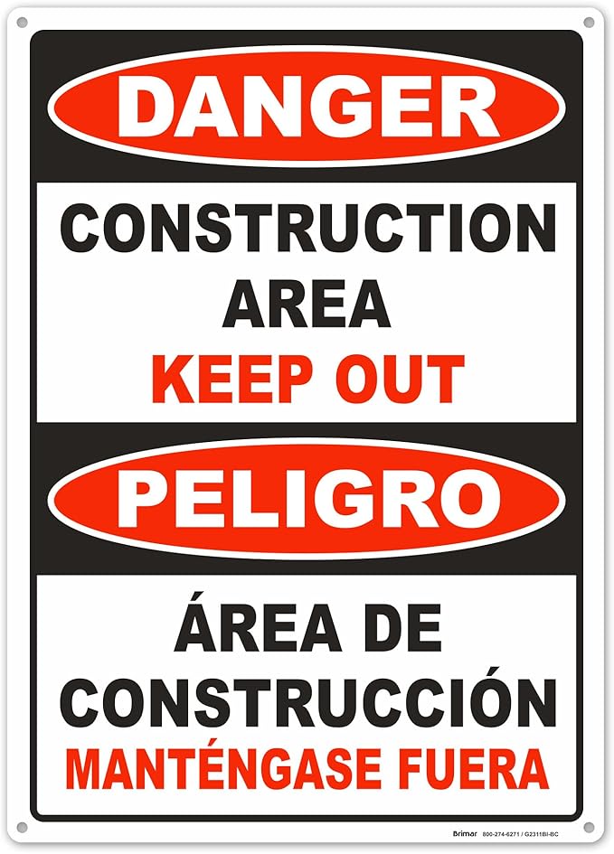 Brimar - 10" x 14" - Bilingual Danger Construction Area Keep Out Sign - .055″ Polyethylene Plastic - Bold Text And Symbol - Easy Installation