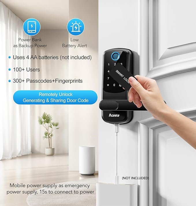 Aceele Keyless Entry Fingerprint Smart Door Lock, Built-in Wi-Fi, Electronic Lock for Front Door with Touch Digital Keypad and Handle, Automatic Door Knob for Apartment/Home/Bedroom(Black)