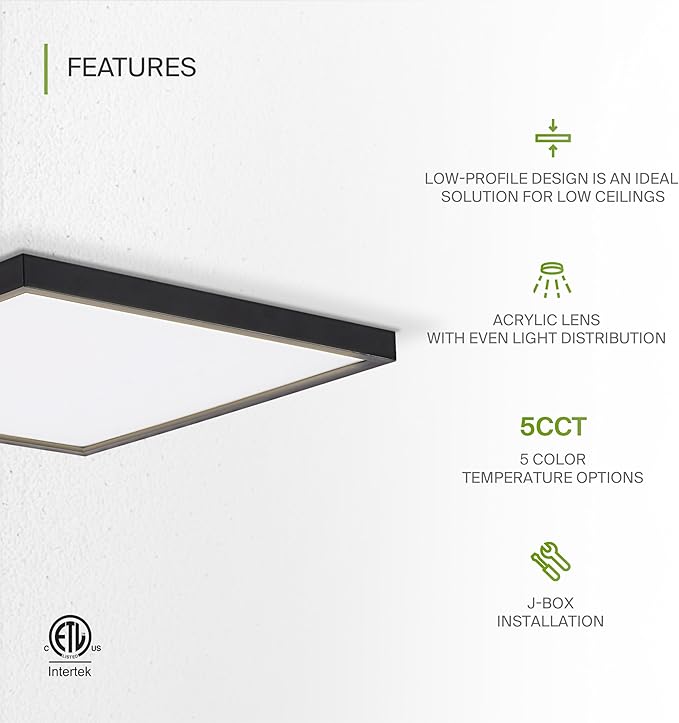 ASD LED 12" Square Flush Mount Ceiling Light Fixture, Low Profile Surface Lighting | 5CCT, Dimmable, Ultra-Thin, ETL Listed | 24W 1700LM 2700-6000K 120V | Kitchen, Bedroom, Hallway Lamp | Black