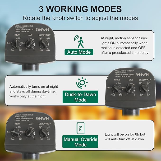 TREEWELL 2 Pack 240-Degree Replacement Motion Sensor, Adjustable LUX(5-300) & Time & Detection Sensitivity Up to 60 Feet Range, 3 Working Modes Outdoor Motion Detector for Security Floodlight, Brown