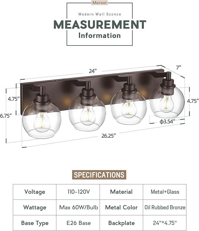 METWET Bathroom Light Fixtures Over Mirror, 4-Light Oil Rubbed Bronze Bathroom Vanity Light with Globe Clear Glass Shade, 26 Inch Modern Sconces Wall Lighting, VL195-ORB-4
