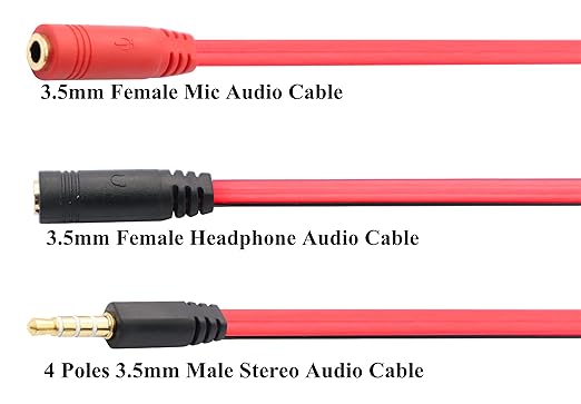 zdyCGTime 3.5mm Audio Y Splitter Cable 4-Pole 3.5mm AUX Male to 2x3.5mm Female Headset Mic & Stereo Y Splitter Cable for PC Computer Y Splitter Audio Flat Cable(20CM)(Red, Black)