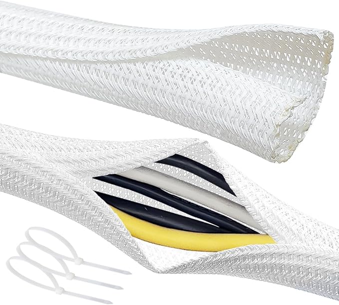 Cable Management Split Wire Loom Sleeve - Cord Hider & Protector for Desk, Pet Chew Proof, Wire Cover Organizer, Flexible Tube for Wires and Cables (1 & 1/2 Inch 10FT Each, White)