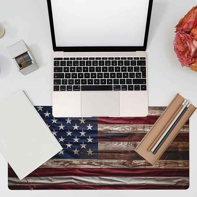 Eflxamz Large Gaming Mouse Pad for Desk,Wooden American Flag Desk Mat,Wooden USA Flag Desk Pad,Extended Big Computer Keyboard Mouse Pad with Non-Slip Base and Stitched Edge,35.4"x15.7"
