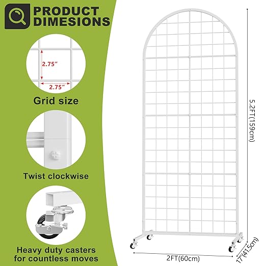 VGMiu Grid Wall Panel 1PCS Display Stand 2' x 5.2' FT White Grid Wall Panels Movable Retail Display Racks Floorstanding Gridwall Heavy Duty with Wheel for Art Craft Photo Displays Fair Trade Show