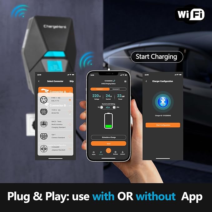 ChargeHere Level 2 EV Home Charger, 240V, 32A/40A | Real-Time Charging Speed Display + Status Light | Up to 7X Faster Charging | Indoor/Outdoor | Wi-Fi App Control | NEMA 14-50 | ETL Certified (40A)