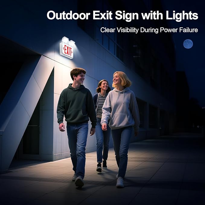 Wet Location Emergency Exit Signs with Adjustable Lights Battery Backup, UL Listed Double Face Exterior Led Exit Sign Combo, Hardwired Waterproof Red Exit Light, AC 120/277V, Wall/Side Mount (1 Pack)
