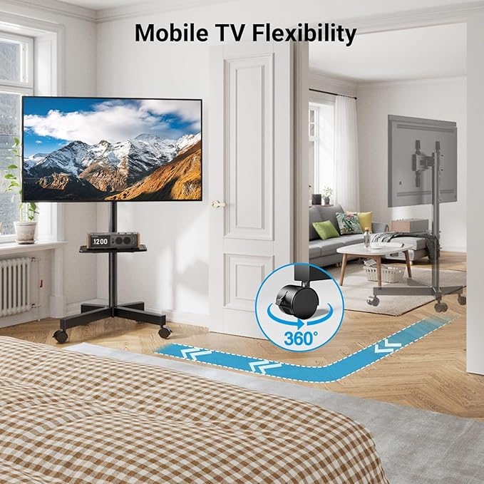 PERLESMITH Mobile TV Stand for 23-60 Inch LCD LED Flat/Curved Screen TVs, Tilt TV Cart Holds up to 88Lbs, Portable TV Stand with Laptop Shelf, Rolling TV Floor Stand Max VESA 400x400mm (PSTVMC06)