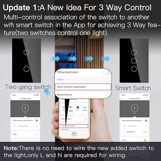 MoesGo WiFi Smart Wall Light Switch,Glass Panel, Multi-Control(3 Way), 2.4GHz Wi-Fi Touch Switches, Neutral Wire Required, Remote Control Smart Life/Tuya App, Work with Alexa, Google Home Black 2 Gang