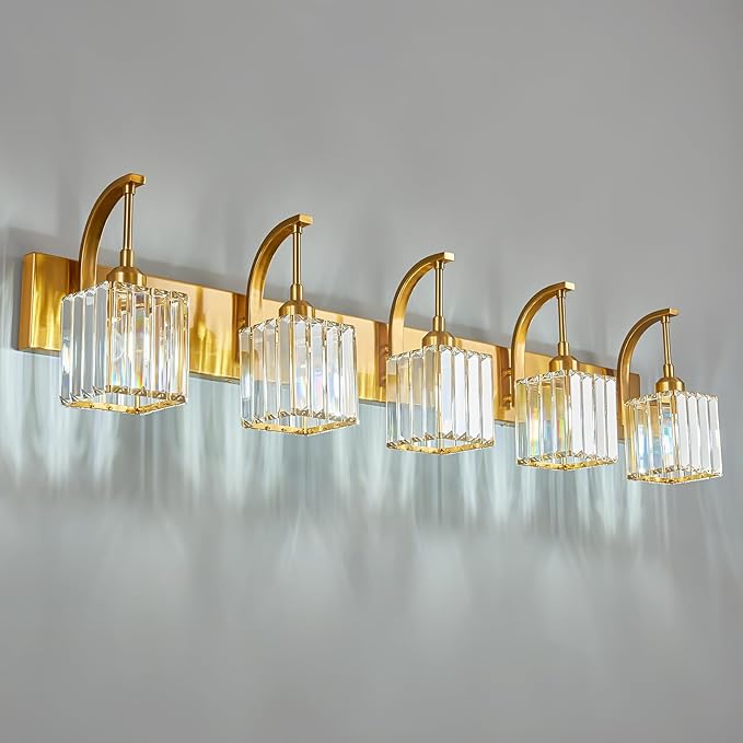 FDPBY 5-Light Crystal Vanity Light, Modern Gold Bathroom Wall Sconce with K9 Crystal Shades, 42.51" Long Over Mirror Lighting for Vanity, Makeup, Hallway, Elegant & Easy Installation
