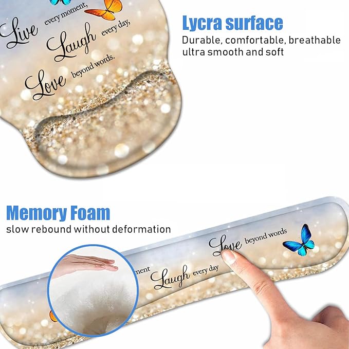 Keyboard Wrist Rest + Mouse Pad Wrist Support Set with Coasters, Non-Slip PU Base Ergonomic Mousepad for Home Office Working Studying Easy Typing & Pain Relief, Glitter Quote Live Laugh Love