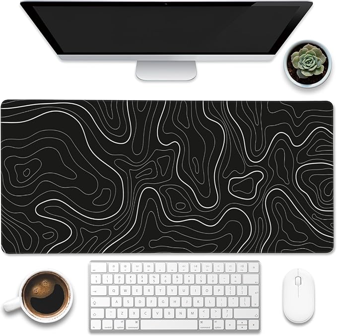Eflxamz Desk Mat,Black Topographic Contour Map Desk Pad,Topographic Contour Large Gaming Mouse Pad for Desk,Extended Big Computer Keyboard Mouse Pad with Non-Slip Base and Stitched Edge,35.4"x15.7"