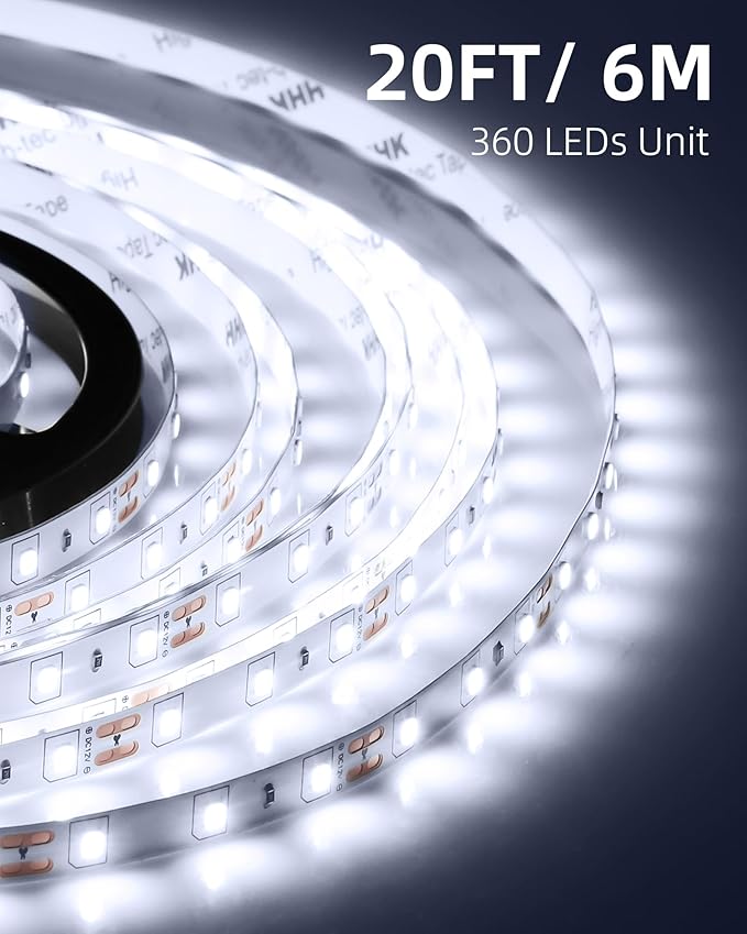 JNGMAIR 20ft LED Strip Lights with Remote, 6500K Daylight White Dimmable Tape Lights, 12V 360 LEDs 2835 Strong Adhesive Rope Lights for Cabinet Kitchen Ceiling Closet Vanity Mirror Stairway Basement