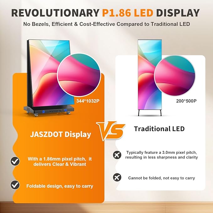 JASZDOT 80" Seamless Splicing LED Display, Foldable Poster Screen with P1.86 Digital Signage Display LED Totem with USB/HDMI/WiFi/Remote