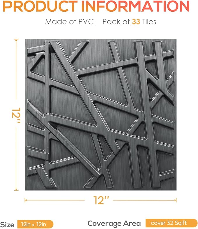 LEVOWAY 33 Pack 3D Wall Panels for Interior Wall Decor, 12''x12'' Brushed Silver Accent Textured Wall Panels, Wall Covering Panles for Living Room, Gaming Room, TV Background, Cover 32 Sq.Ft