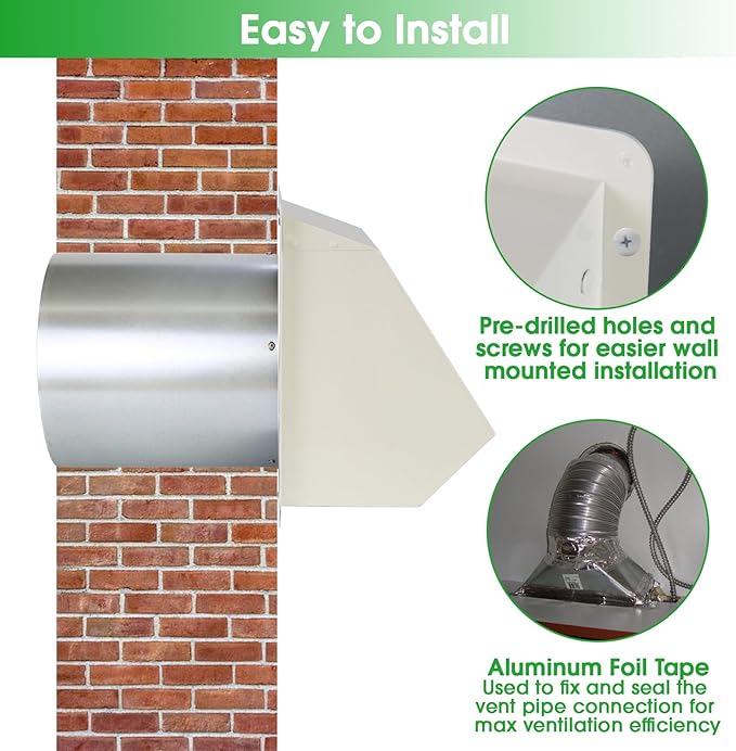 5 inch Dryer Vent Cover Outside Exhaust Vent Wall Vent Hood with Screen and Damper,Outdoor Dryer Vent Cover Cap for Range Hood/Kitchen/a c Duct Air Ventilation,Galvanized Steel,White