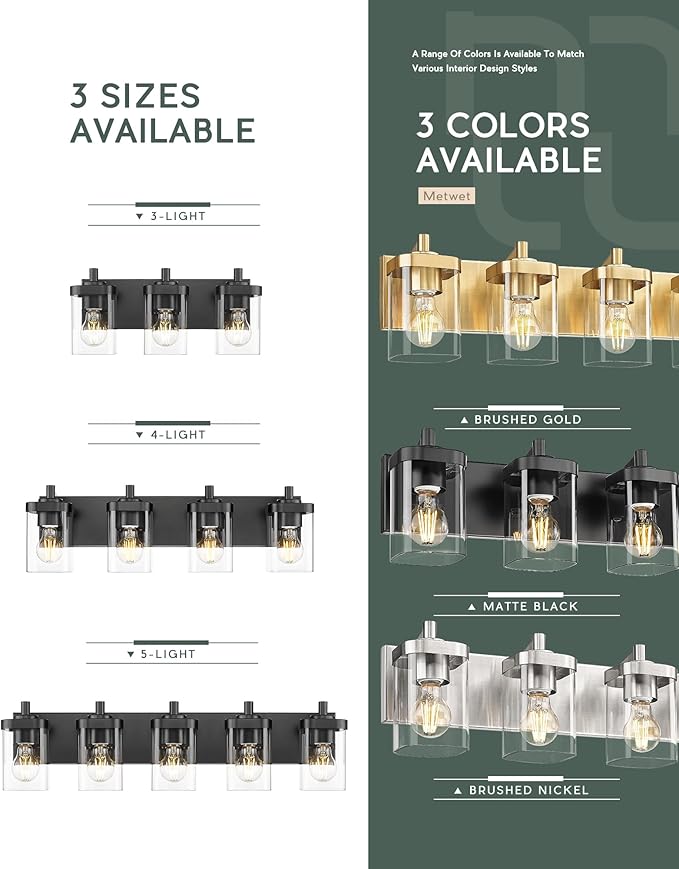METWET Bathroom Light Fixtures, 5-Light 30" Vanity Light with Square Clear Glass Shade, Modern Matte Black Wall Sconces, Vanity Lighting Fixtures Over Mirror, VL194-MB-5