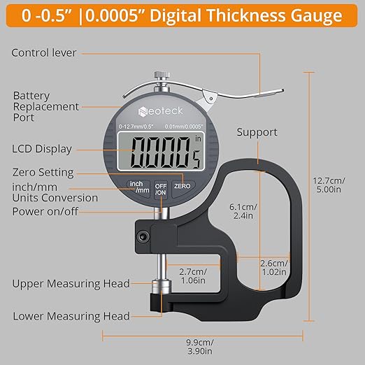 Neoteck Digital Thickness Gauge 0.5inch/12.7mm,0.0005inch/0.01mm LCD Display with Inch/MM Conversion One-Hand Quick Press Thickness Measuring Tool for Leather Paper Fabric Film etc.-Silver-Grey