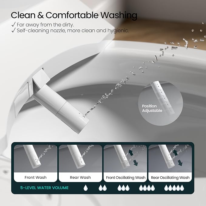 R&T V2601 Electric Bidet Seat For Elongated Toilet, Smart Toilet Seat with Heated Seat, Adjustable Temperature, Warm Air Dryer, Night Light