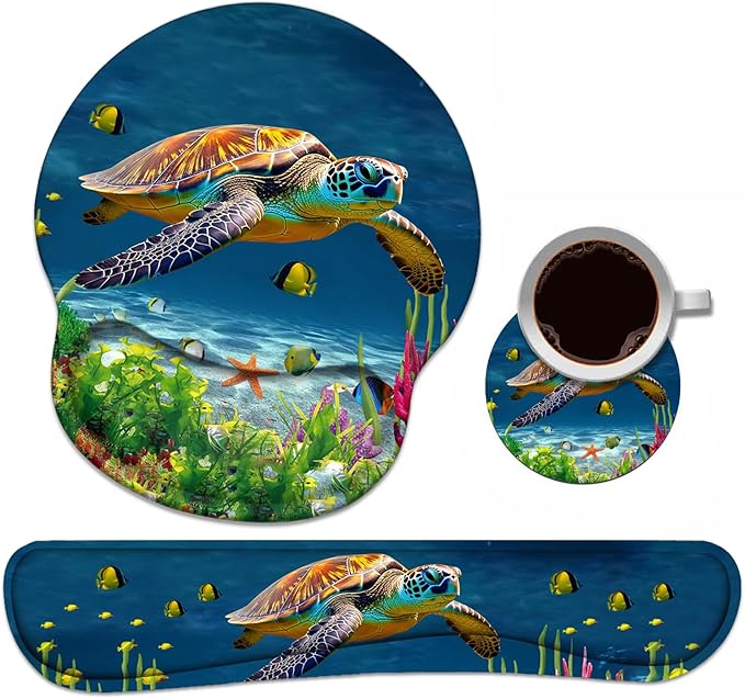 Keyboard Wrist Rest + Mouse Pad Wrist Support Set with Coasters, Non-Slip PU Base Ergonomic Mousepad for Home Office Working Studying Easy Typing & Pain Relief, Sea Turtle