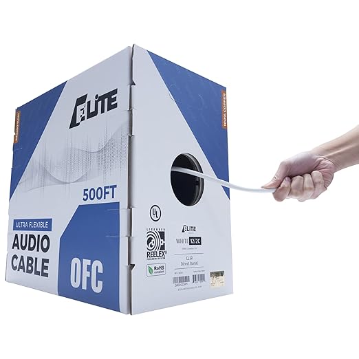 Elite 12/2 Speaker Wire, 12AWG/2-Conductor, UL Listed, CMR/CL3R, (Riser/in-Wall & Outdoor/In-Ground (Direct Burial)- 100% Oxygen Free Pure Bare Copper (OFC), 500ft Bulk Cable (65 Strands) White