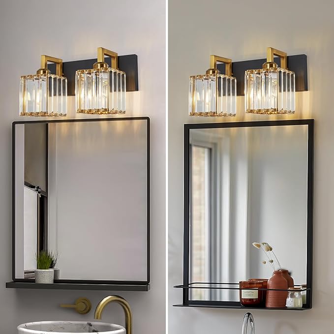 FDPBY Modern Bathroom Vanity Light 2-Lights Black Gold Crystal Wall Lamp Bathroom Modern Crystal Vanity Lighting